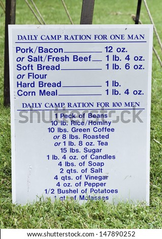 List of daily camp rations for Union soldiers, displayed at reenactment of battle in American Civil War (1861-1865), Lombard, Illinois