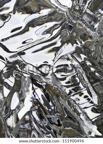 Winter abstract: Ice reflecting and distorting ambient light out of doors