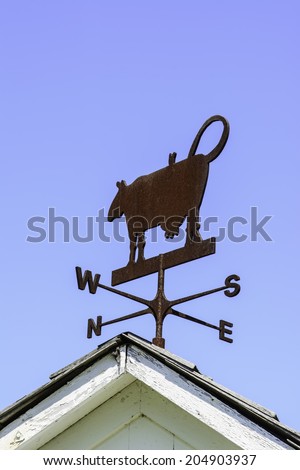 Rusty weather vane in the shape of a cow atop a farm building in Illinois