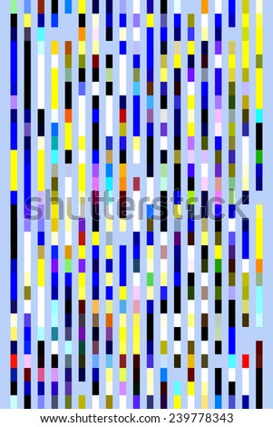 Multicolored abstract of parallel solid stripes of various colors and lengths on light blue