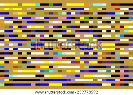 Multicolored abstract of parallel solid stripes of various colors and lengths on tan background