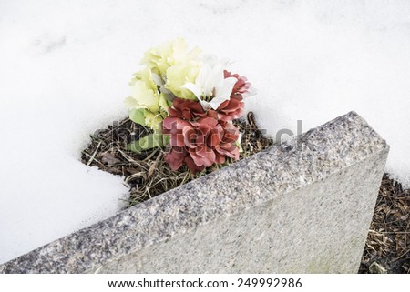 Token of remembrance in winter: Small bouquet of flowers on ground cleared of snow by headstone in cemetery (high angle view with selective focus)