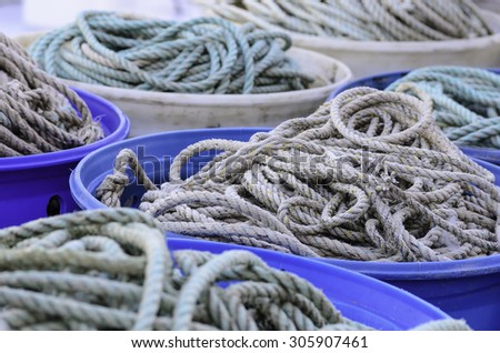 Buckets of rope for lobster fishermen in Maine (selective focus)