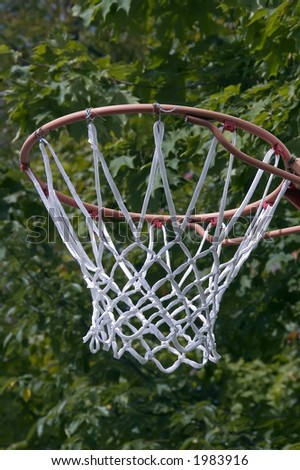 Basketball hoop and net with background of green tree leaves