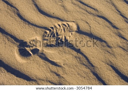 One footprint of a running shoe in wavy sand