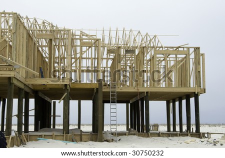 Beach house under construction in hurricane zone on a barrier island in the Florida panhandle