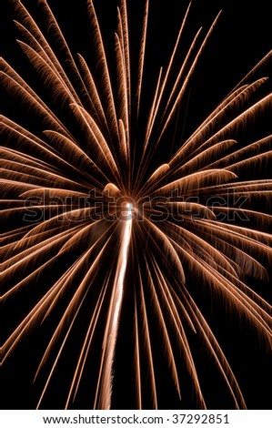 Full-frame burst of fireworks with rocket trail and feathery streaks