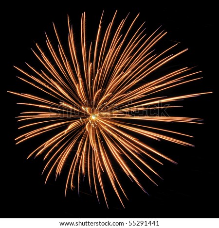 Yellow-orange burst of fireworks with some blue tips, in square format