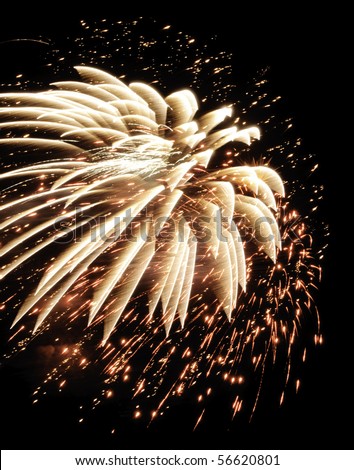 Fiery white burst of fireworks with feathery motion blur in cloud of embers
