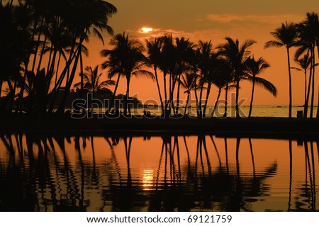 Polynesian idyll: silhouettes of beachgoers and palm trees shortly before sunset at Anaehoomalu Bay on the Kona Coast of the Big Island