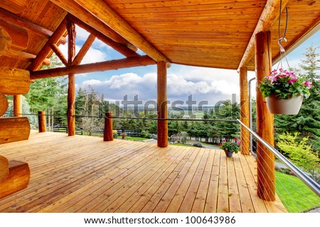 Beautiful view of the log cabin house porch of green valley.