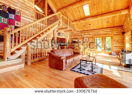 Luxury  Cabins on Large Luxury Log Cabin House Living Room With Large Staircase  Stock