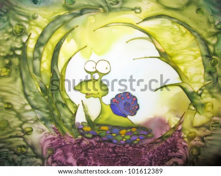 Cute snail in the forest painting on silk, green frog funny creature.