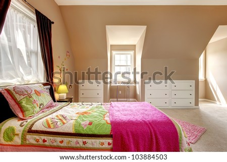 Large brown baby girl bedroom interior with pink bed.
