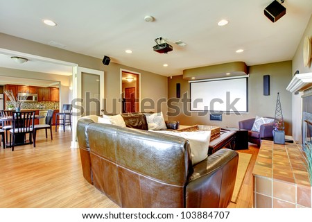 Large Living Room With Brown Walls And Leather Sofa With Projector ...
