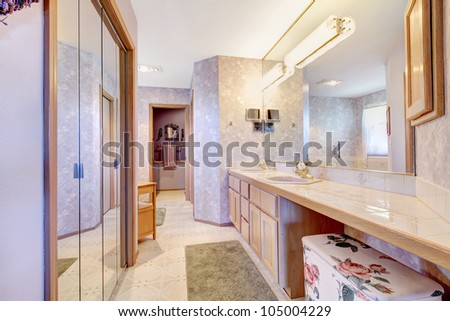 Large Bathroom Mirrors on Purple Large Old Bathroom With Mirror And Long Cabinet  Stock Photo