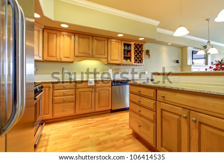 Luxury apartment wood kitchen interior.