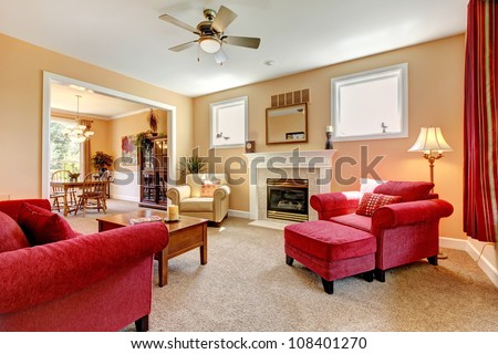 Beautiful Peach And Red Living Room Interior With Fireplace And ...