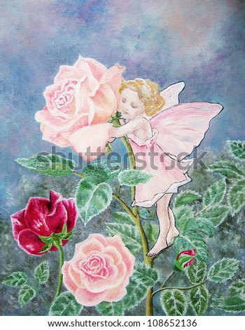 Oil painting of the flower fairy. Rose fairy with pink rose in the pink dress. baby girl room decor.