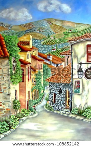 Oil painting of the French village with beautiful sunny street. European city.