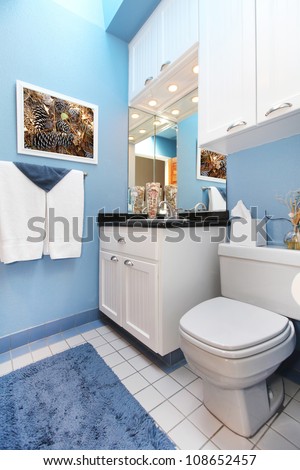 Bathroom interior with blue walls and white cabinets.