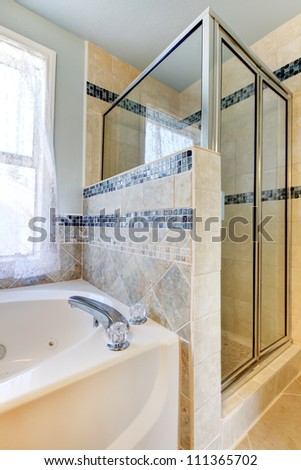 Shower with beige and blue tiles and white  tub bathroom interior design.
