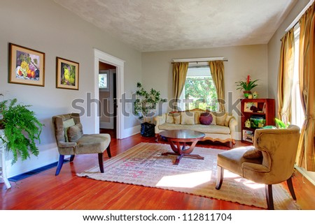 Living room with yellow curtains, grey walls and antique sofas.