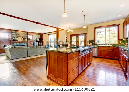 Luxury large wood kitchen with living room with bright day light.