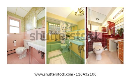 Retro bathrooms collage with colorful old bathroom interior. Mid-century pink, green, blue, red tiles and colors.