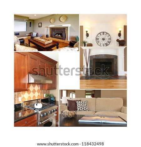 Collage of beautiful interior. Kitchen, fireplace and living room and cinema theater room.