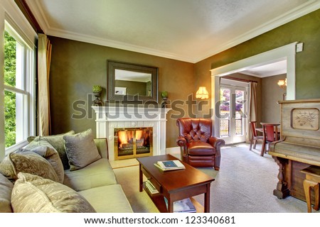 Elegant Classic Green Living Room With Fireplace And Piano.