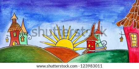 Painting of land with castles. Happy children magic world with sun, cute fairy tale homes.Watercolor on paper.