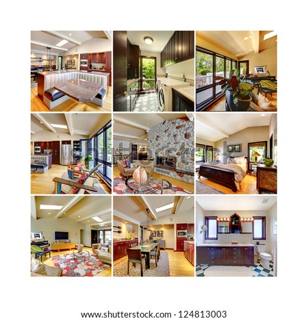 Collage of modern classic beautiful home interior. Bedroom, kitchen, fireplace, dining room, laundry, living room. Nine images in one.
