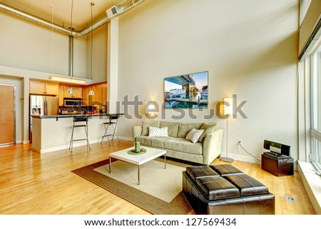 Modern Loft Apartment Living Room Interior With Kitchen And High Ceiling.