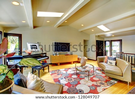 Open modern luxury home interior living room with piano Open modern luxury home interior living room with piano