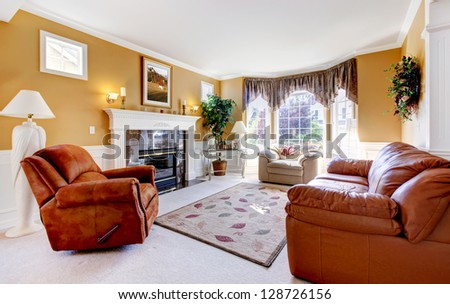 Classic Luxury Cozy Living Room Interior With Fireplace And Leather.