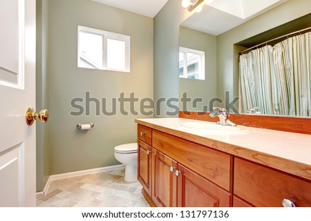 Green clean new bathroom with wood cabinets and white door and toilet.