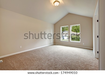 Soft colors empty room with vaulted ceiling, big window, carpet floor