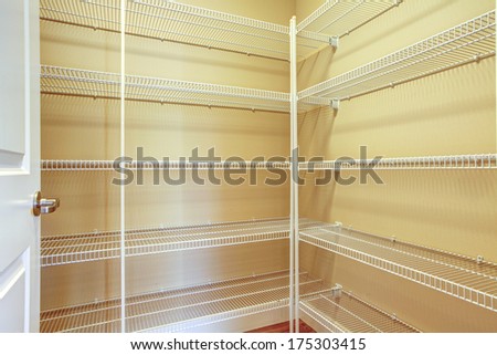 Light tones empty storage walk-in room with shelves