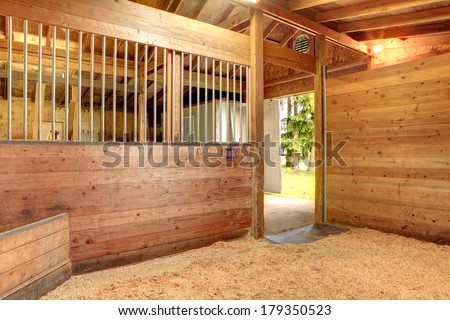 View of the clean horse barn stall with an open door.