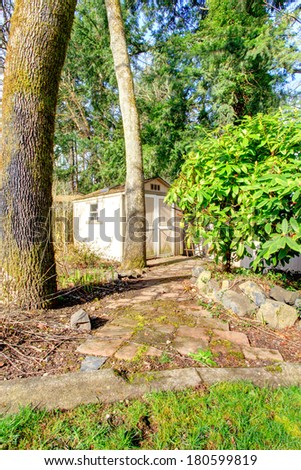 Backyard with a small shed, brick walk way and green bushes