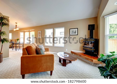 Living room design. View of orange couch with striped pillows, wooden coffee table and freestanding stove on a hardwood base