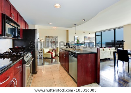 Modern apartment interior. Black and burgundy kitchen, bright living room with glass wall
