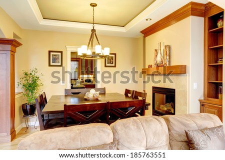 Gentle tones dining room with fireplace. View of classic wooden table set. Room decorated with green plant and shiny vases