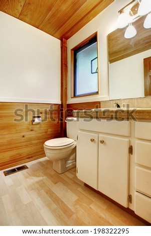 White and brown cozy bathroom with old bathroom vanity cabinet in log cabin house