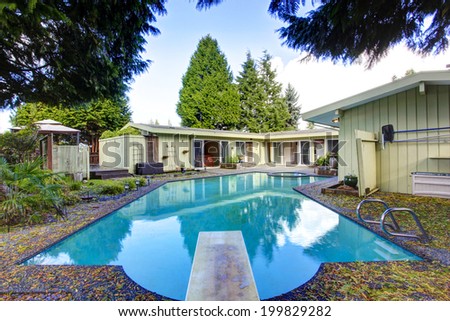 Spacious backyard view. One story house with swimming pool