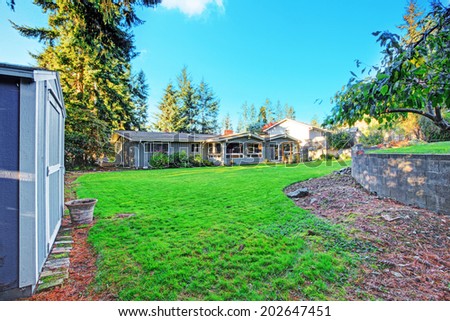 One story house with spacious backyard. View of lawn and shed