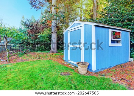 Backyard with wooden small shed