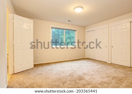 Soft tones empty bedroom with carpet floor and closet