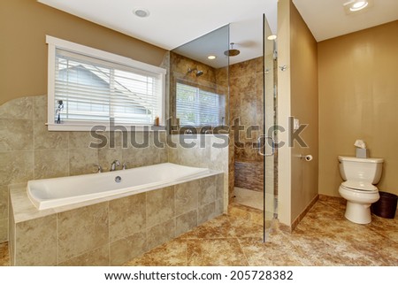 Modern bathroom interior with tile wall trim and tile floor. View of white bath tub and glass door shower
